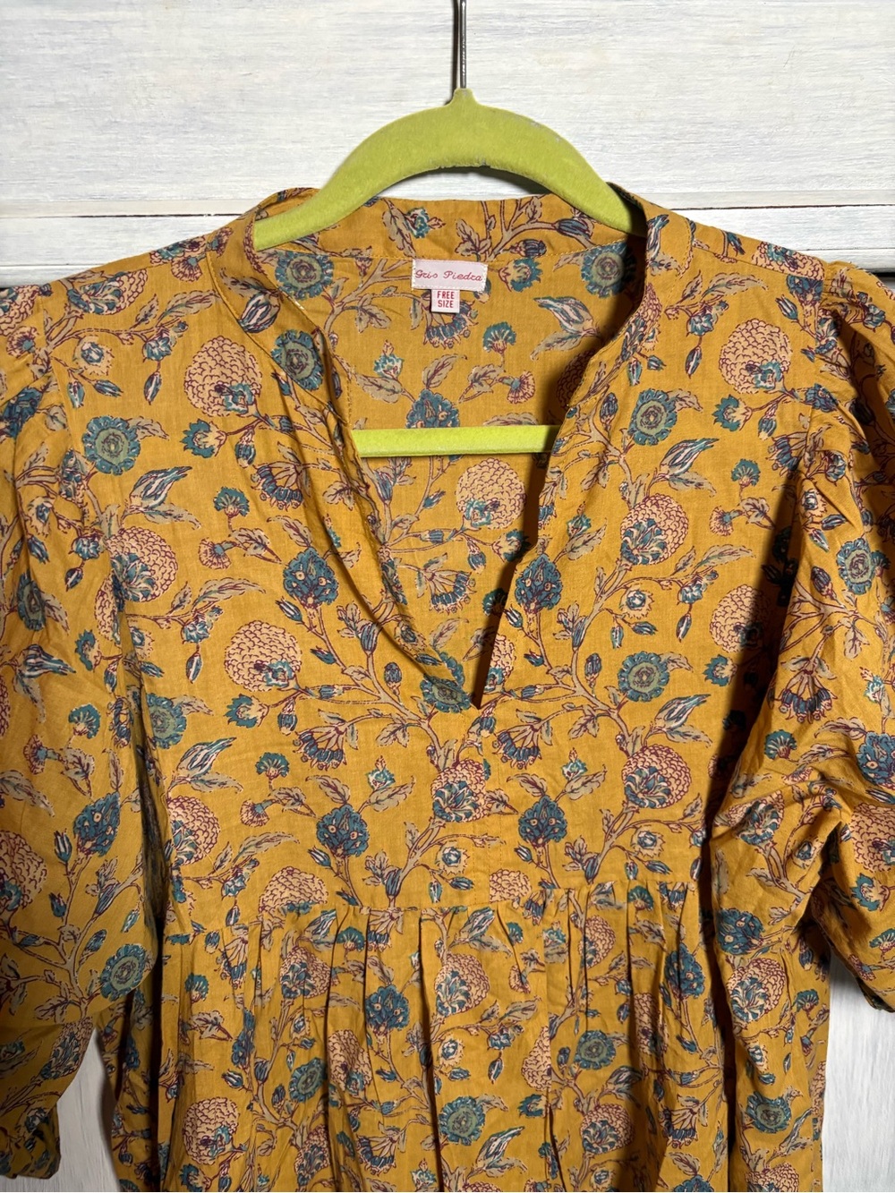 Golden Ochre Floral Block Print Empire Flowy Midi Dress European Effortless Boho - Picture 4 of 9